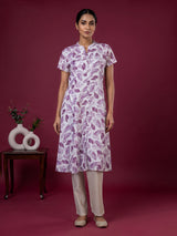 Purple chiffon printed kurti with stand collar and elegant cap sleeves