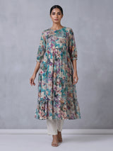 Blue silk printed kurti with cutdana and thread work