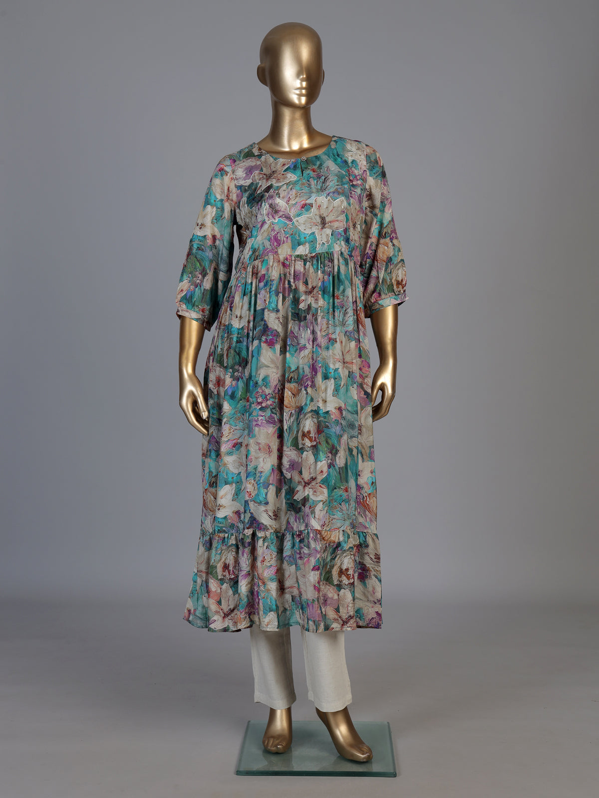 Blue silk printed kurti with cutdana and thread work