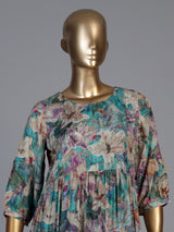 Blue silk printed kurti with cutdana and thread work