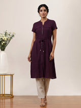 Wine silk designer kurti with stand collar and elegant waist belt