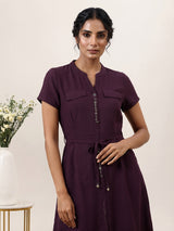 Wine silk designer kurti with stand collar and elegant waist belt