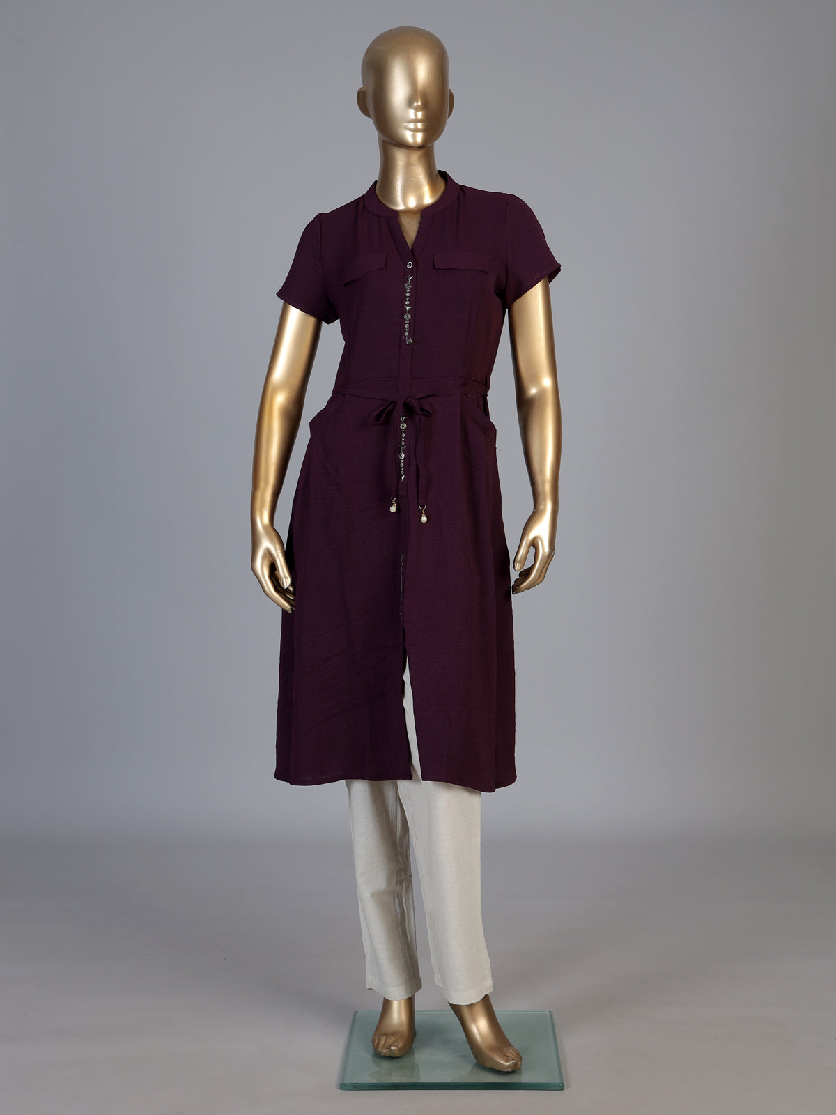 Wine silk designer kurti with stand collar and elegant waist belt