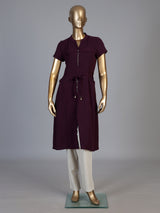 Wine silk designer kurti with stand collar and elegant waist belt