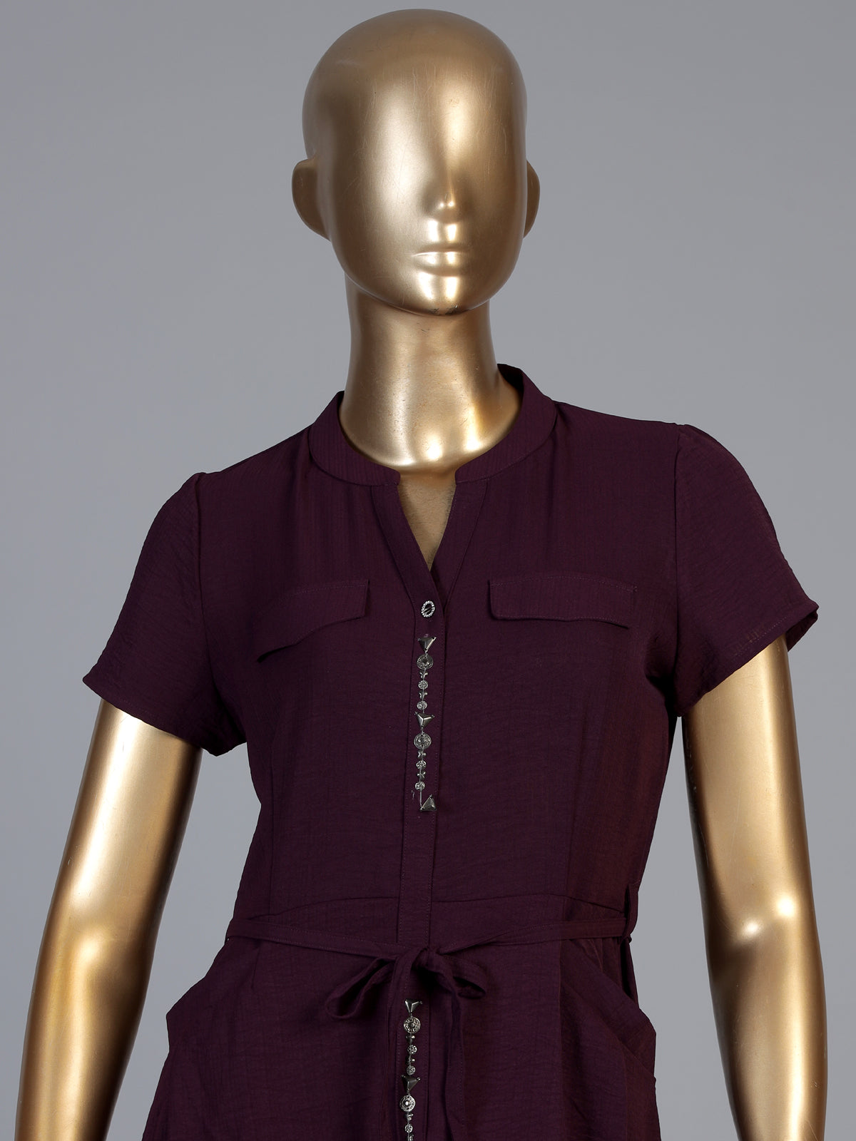 Wine silk designer kurti with stand collar and elegant waist belt