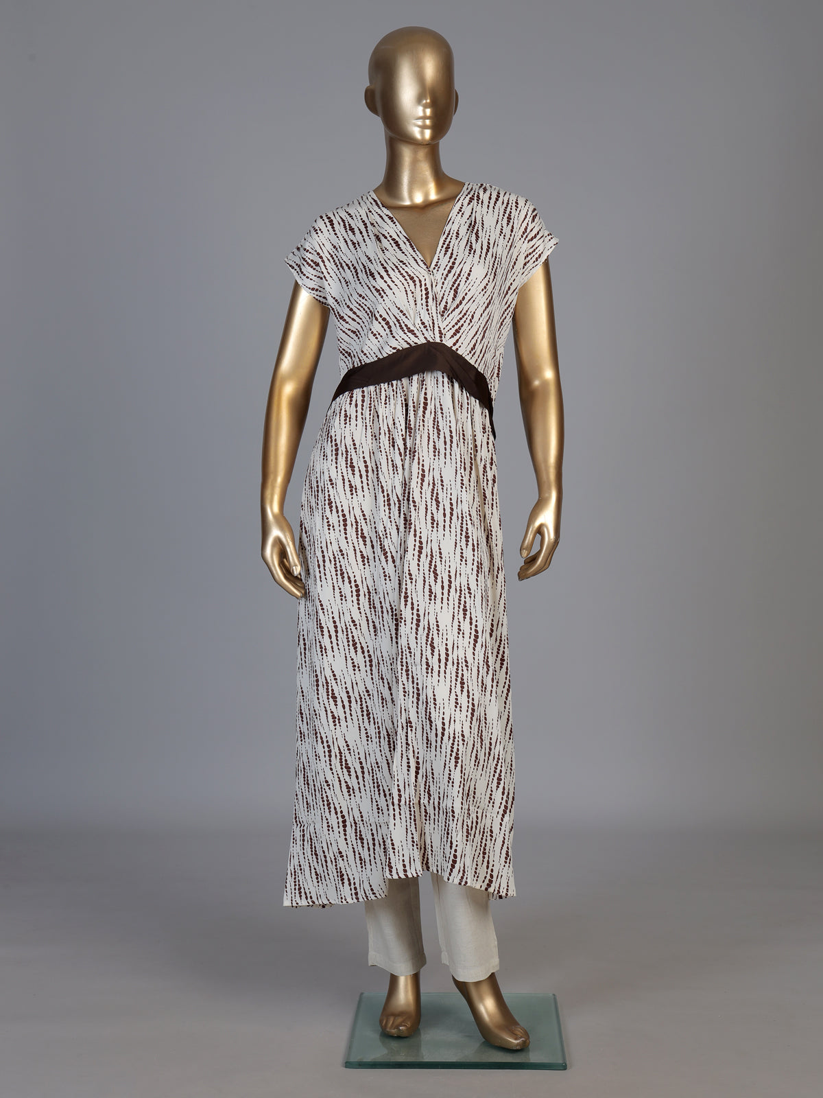Brown chiffon georgette printed V neck casual kurti for women