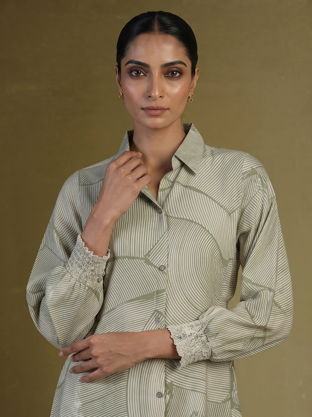 Pista green silk printed kurti with elegant collar neckline and sleeves