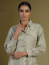 Pista green silk printed kurti with elegant collar neckline and sleeves