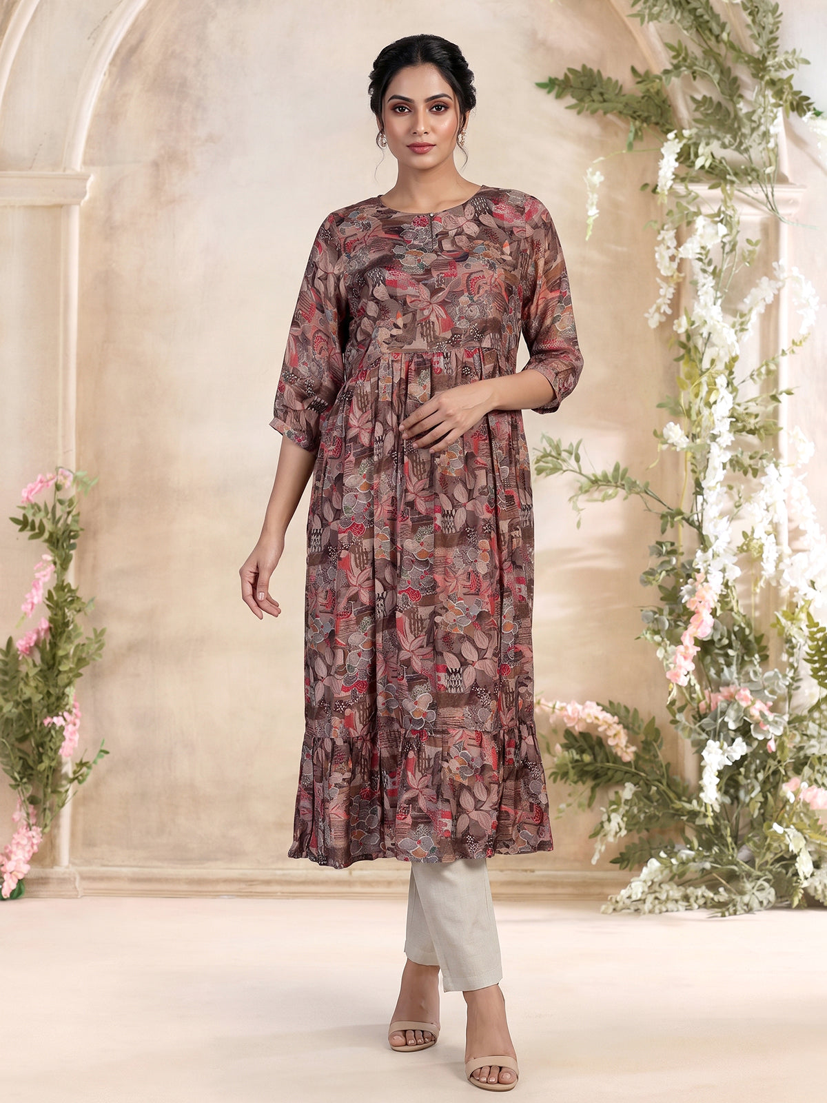 Brown silk floral printed kurti with intricate cutdana work