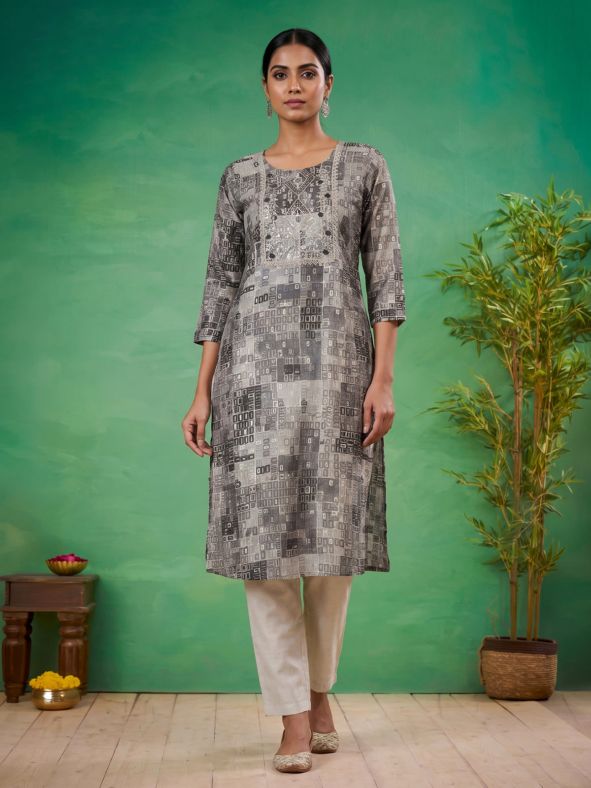 Grey silk printed yoke style kurti with thread detailing