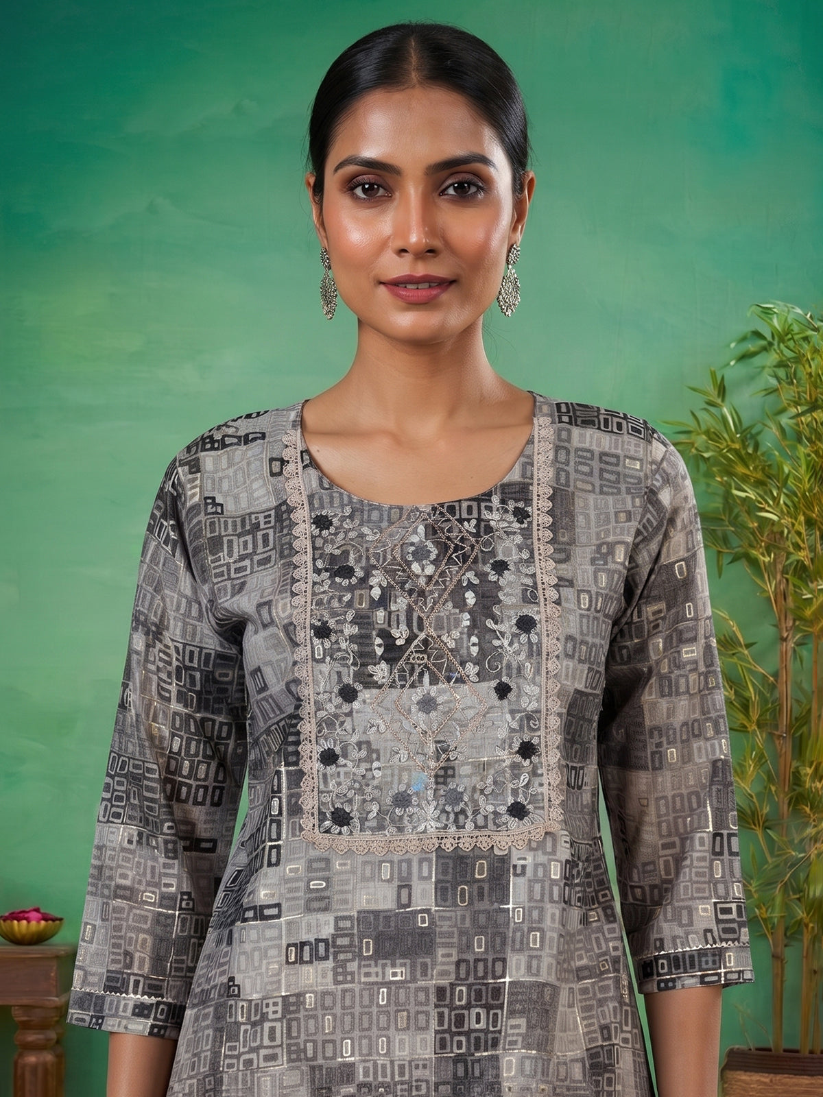 Grey silk printed yoke style kurti with thread detailing