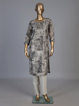 Grey silk printed yoke style kurti with thread detailing