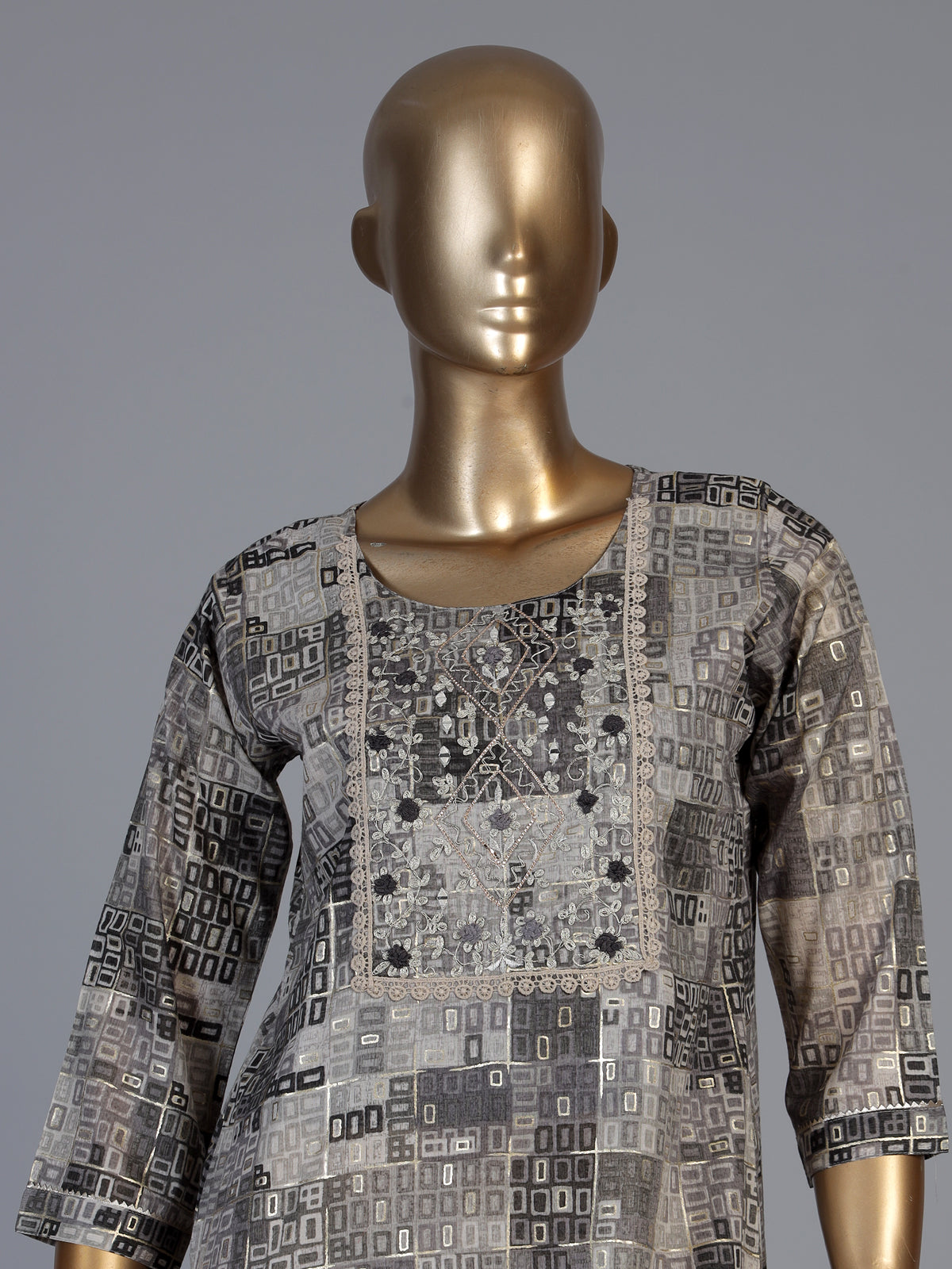 Grey silk printed yoke style kurti with thread detailing