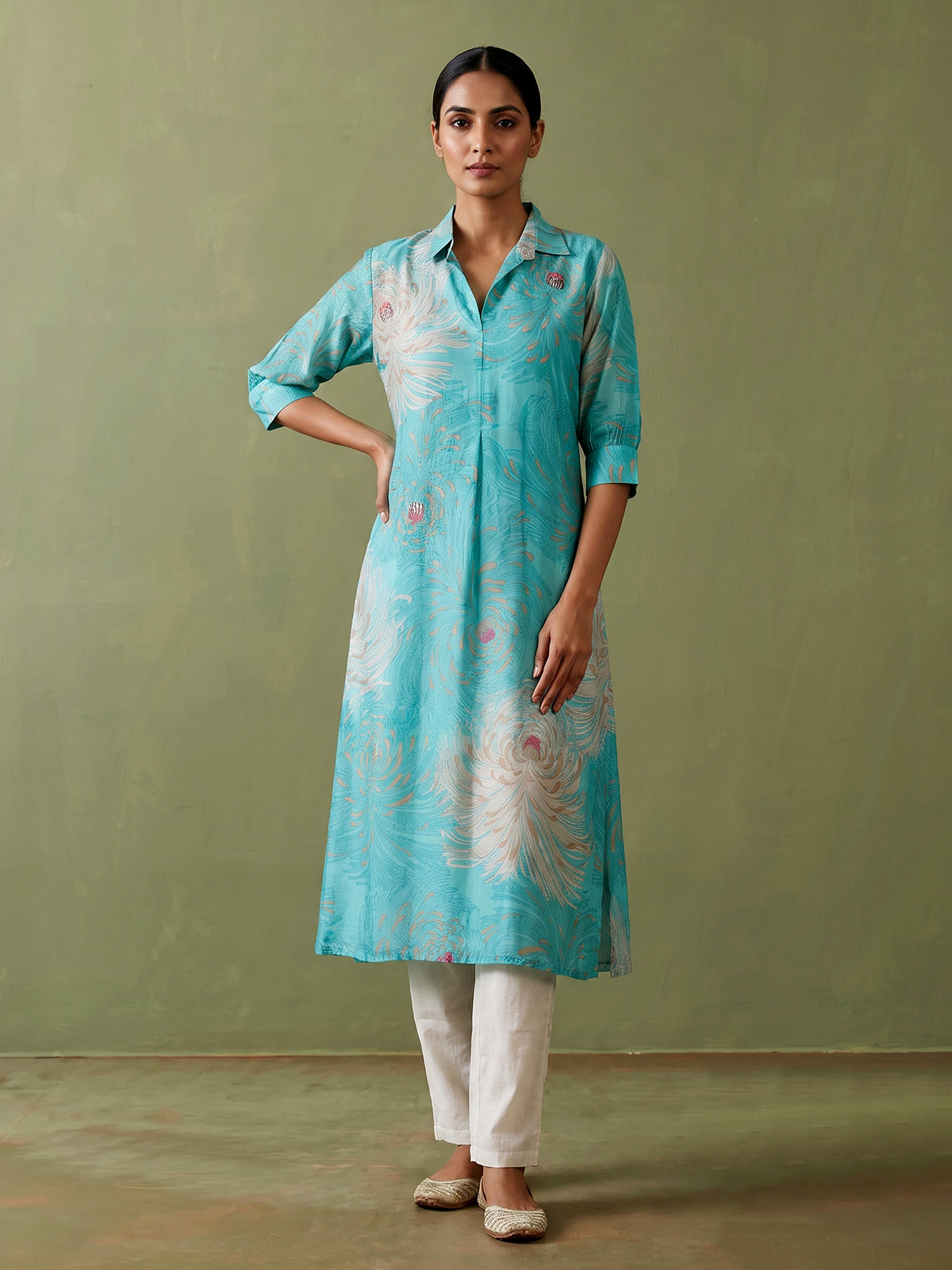 Blue silk floral printed kurti with cutdana work