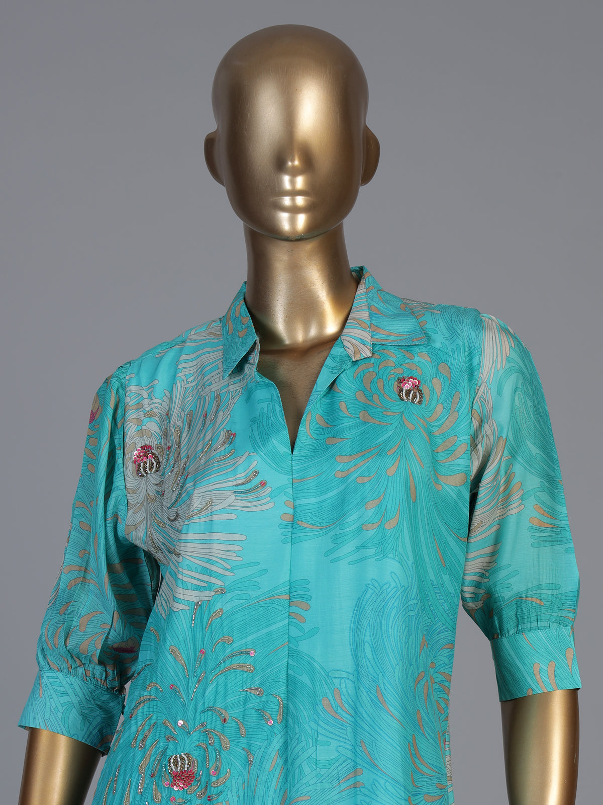 Blue silk floral printed kurti with cutdana work