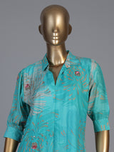 Blue silk floral printed kurti with cutdana work