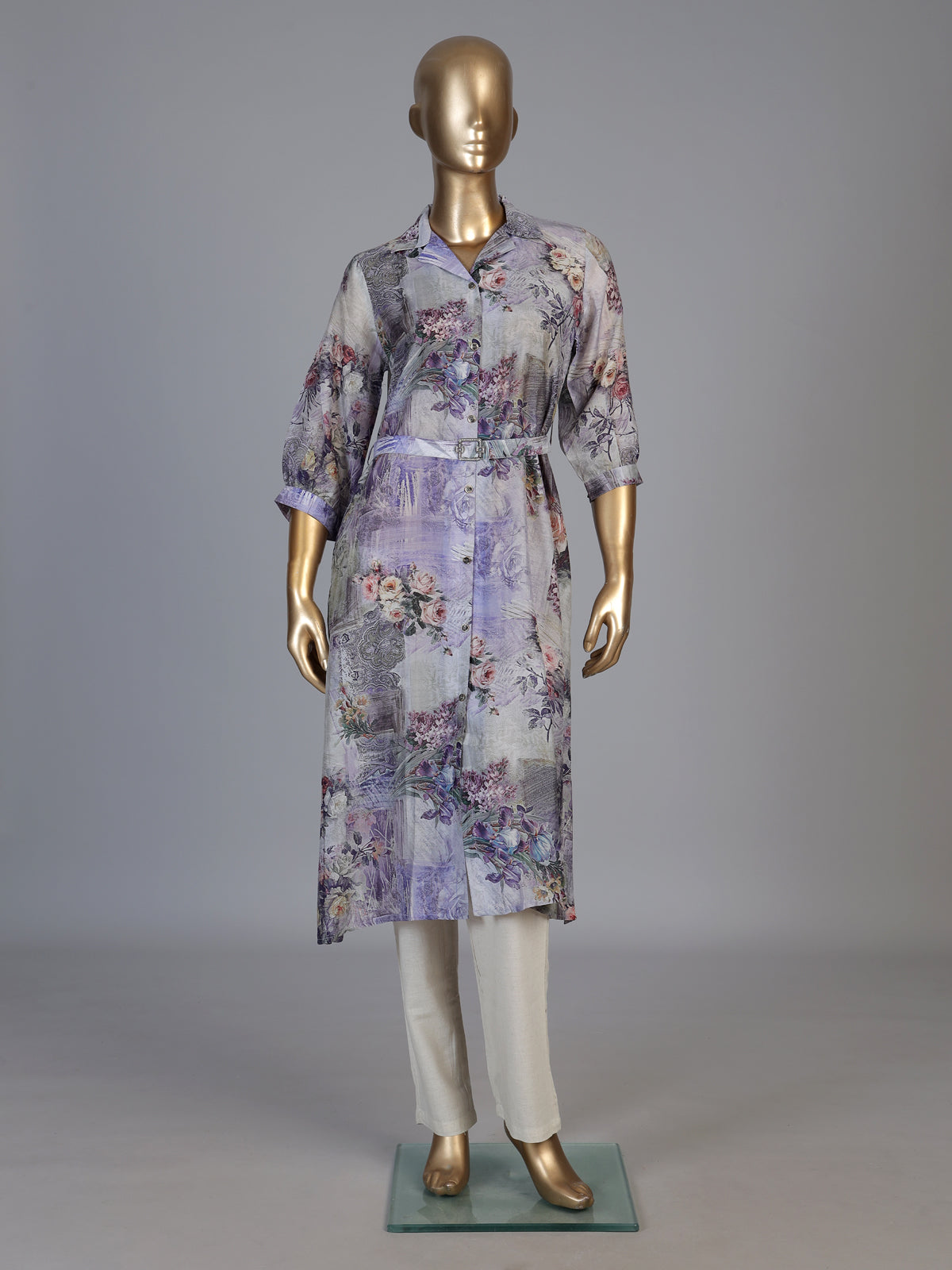 Grey tussar silk floral printed kurti with collar neck and waist belt