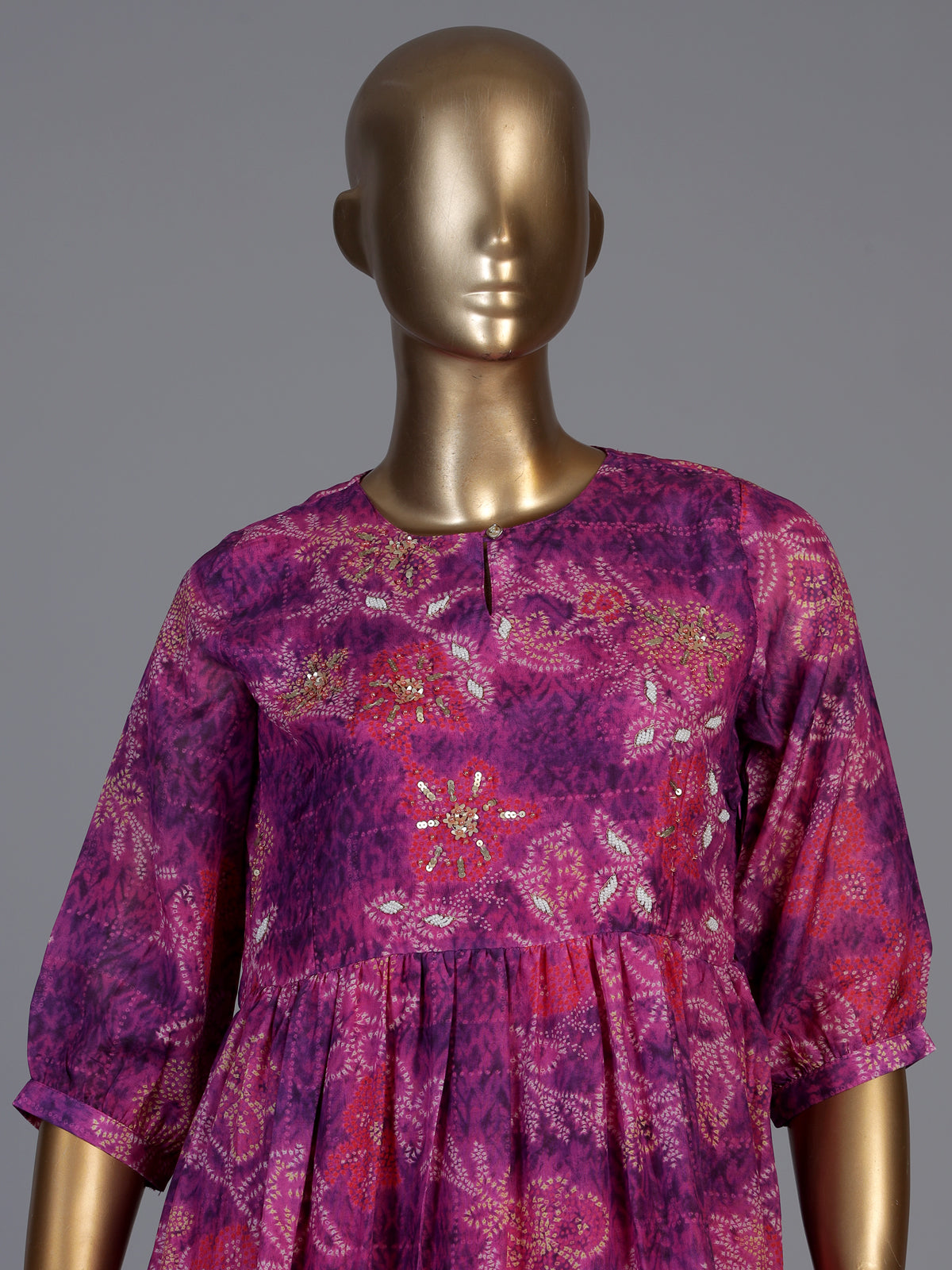 Purple tussar silk floral printed kurti with pearls work