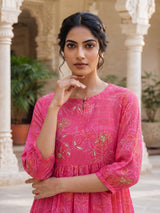 Pink tussar silk bandhej printed kurti with pearls work