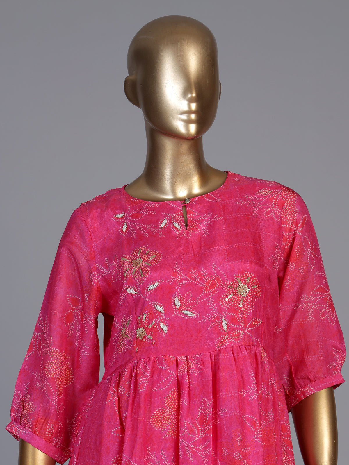 Pink tussar silk bandhej printed kurti with pearls work