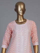 Peach chikan kurti with embroidery and elegant round neckline