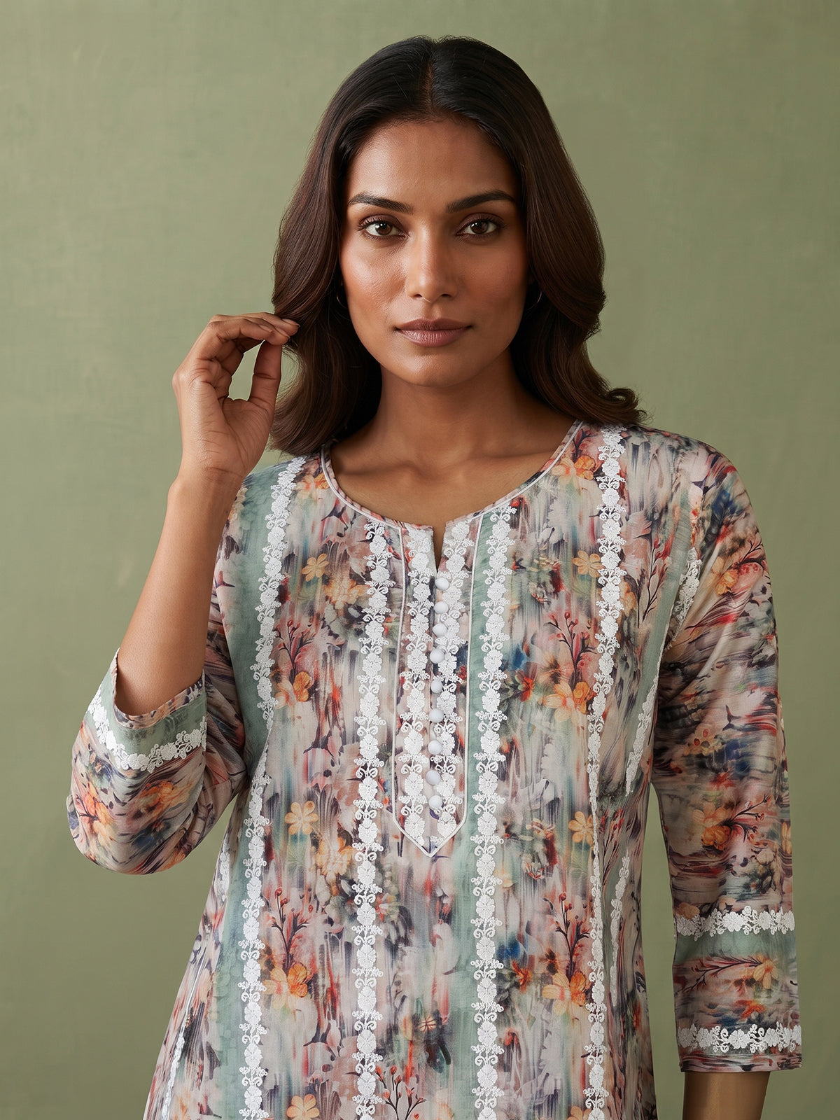 Multicolor silk floral printed kurti with embroidery detailing
