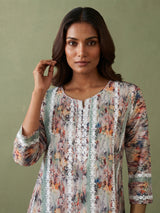 Multicolor silk floral printed kurti with embroidery detailing