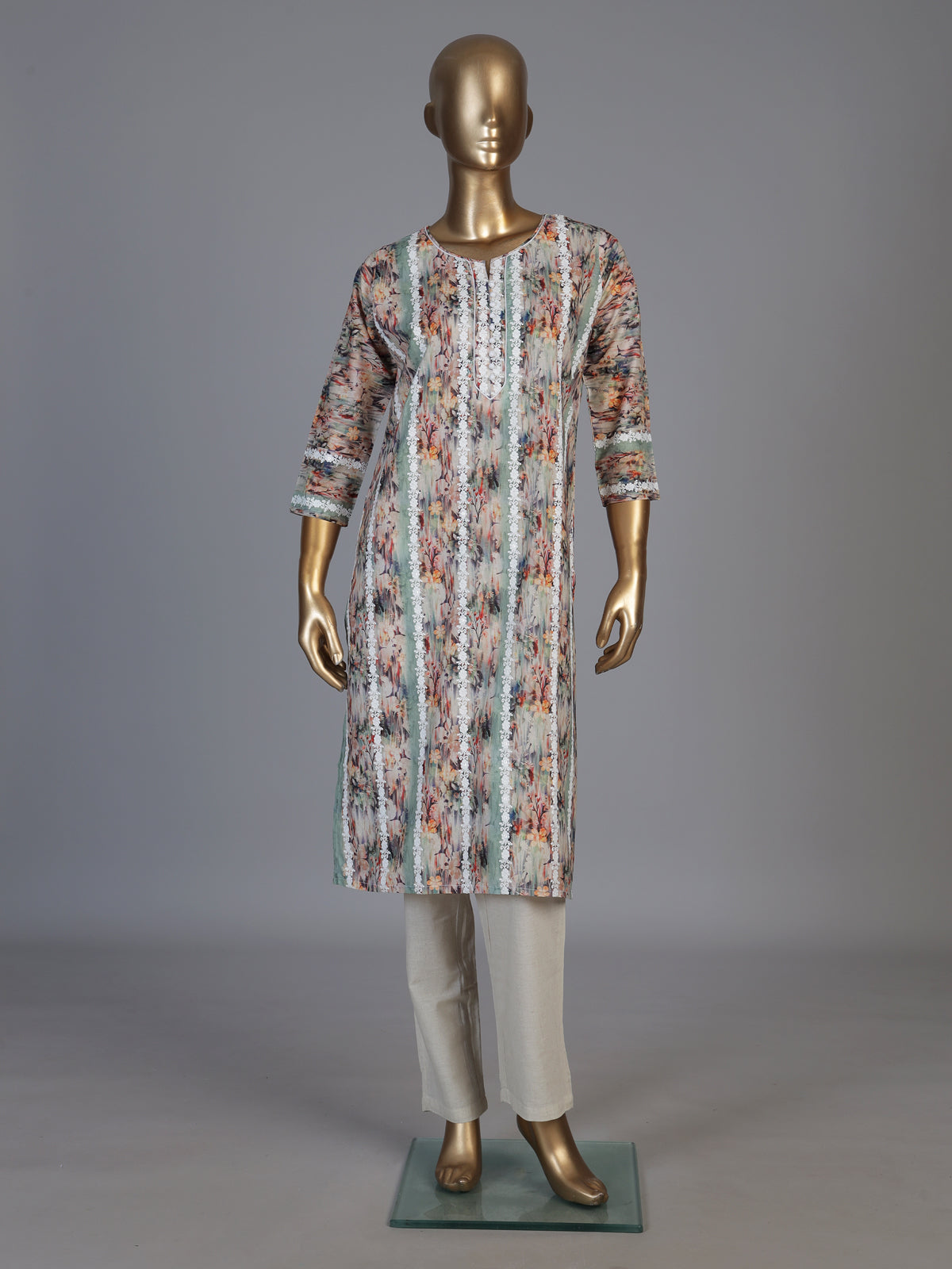 Multicolor silk floral printed kurti with embroidery detailing