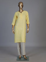 Yellow chikan embroidery kurti with shimmering quarter sleeves
