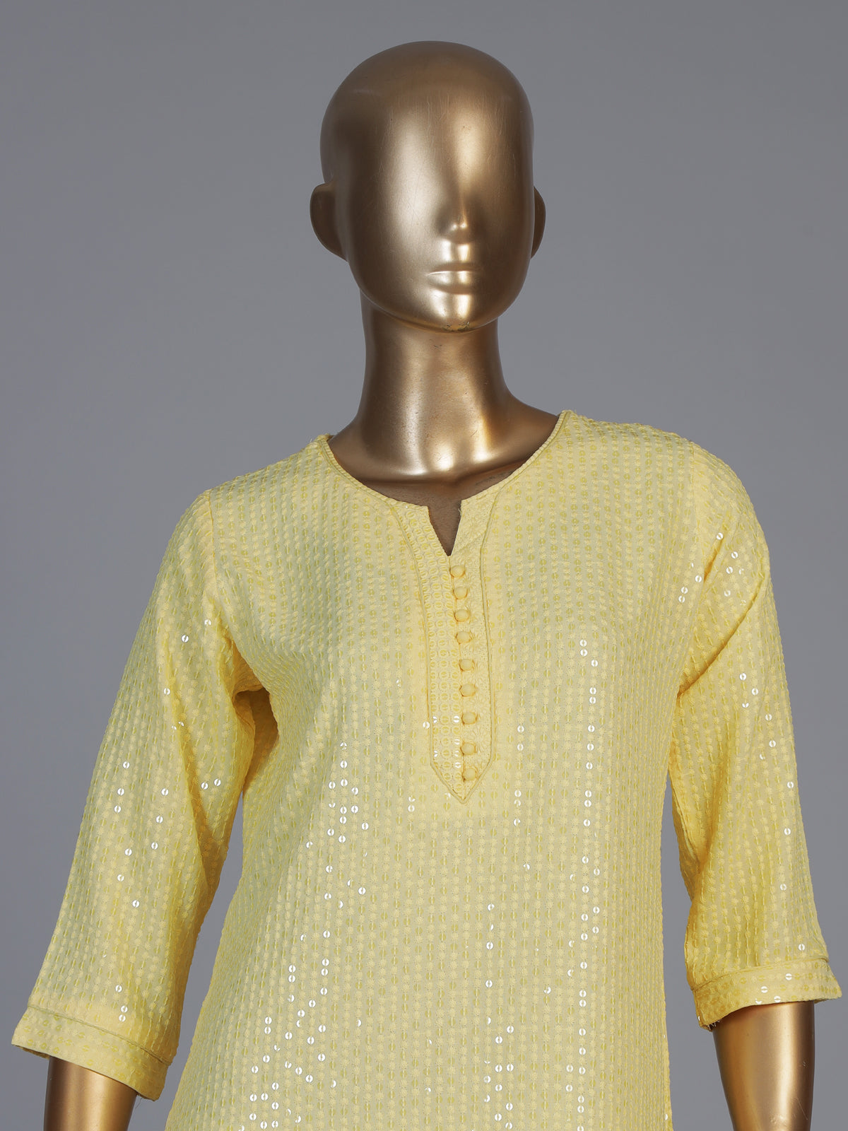 Yellow chikan embroidery kurti with shimmering quarter sleeves