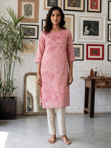 Onion pink silk printed kurti with embroidery aabla and round neckline