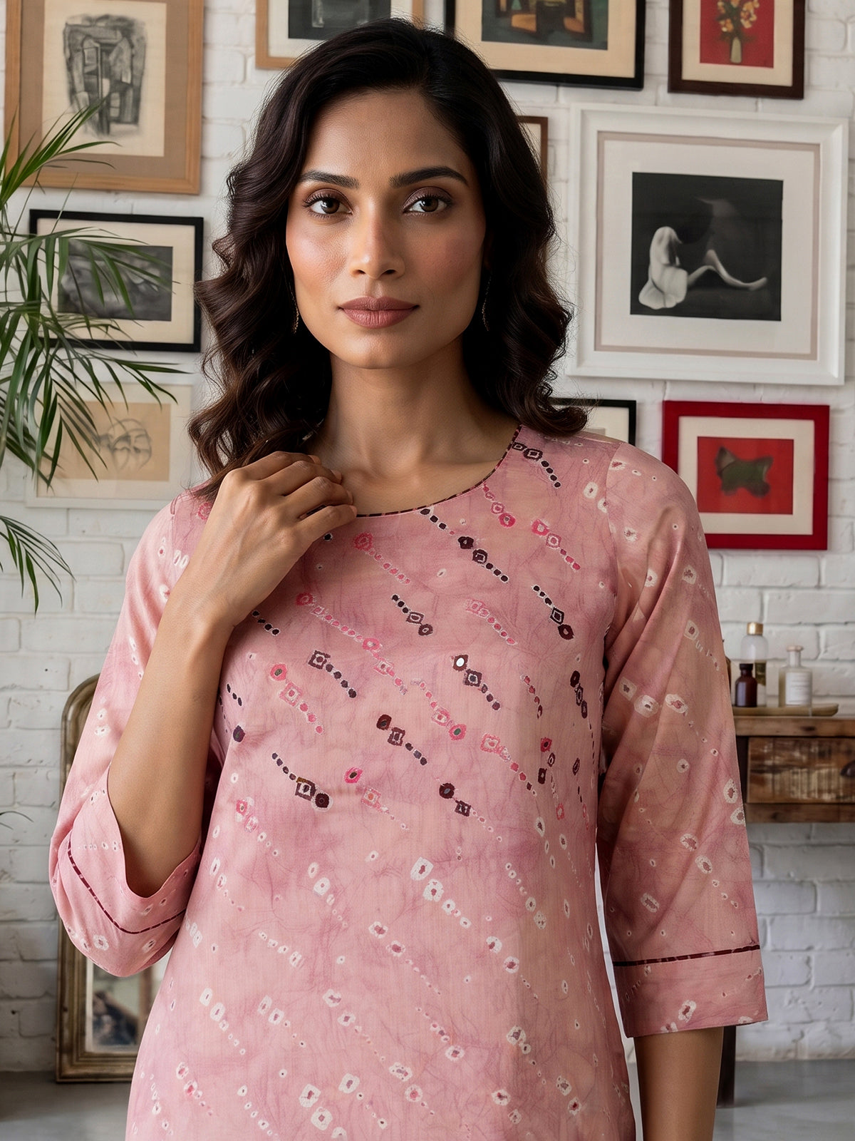 Onion pink silk printed kurti with embroidery aabla and round neckline