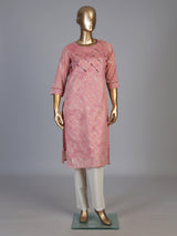 Onion pink silk printed kurti with embroidery aabla and round neckline