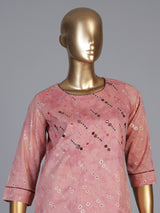 Onion pink silk printed kurti with embroidery aabla and round neckline