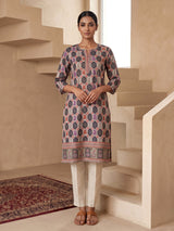 Grey chikan printed kurti with delicate sequins and quarter sleeves
