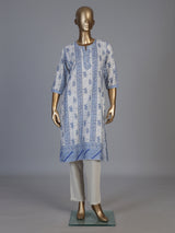 Blue chikan printed kurti with comfortable quarter sleeves for women