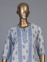 Blue chikan printed kurti with comfortable quarter sleeves for women