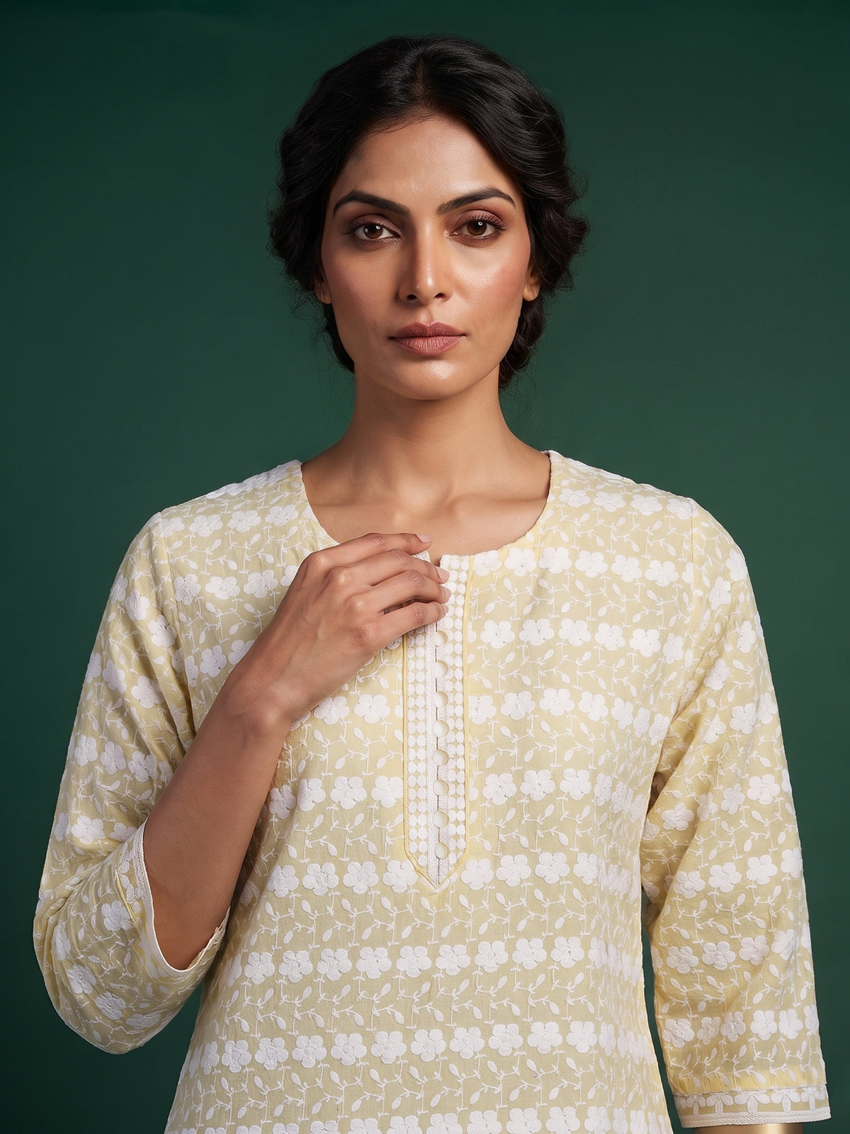 Yellow chikan embroidery kurti with elegant quarter sleeves for women