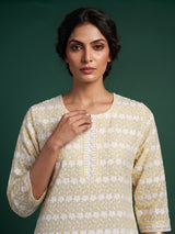 Yellow chikan embroidery kurti with elegant quarter sleeves for women