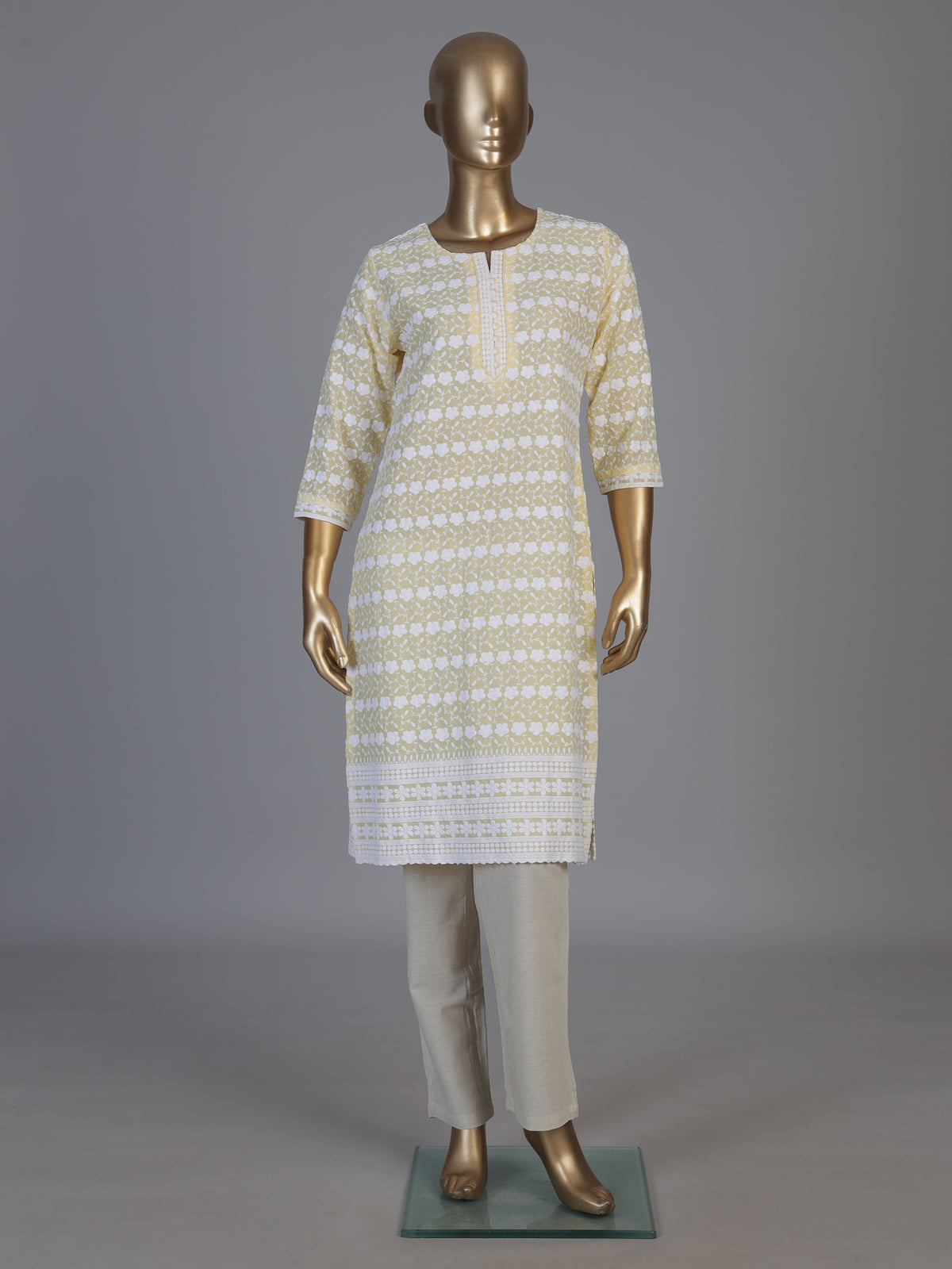 Yellow chikan embroidery kurti with elegant quarter sleeves for women