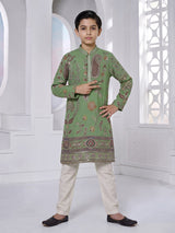 Pista green georgette printed kurta suit with sequin work for boys