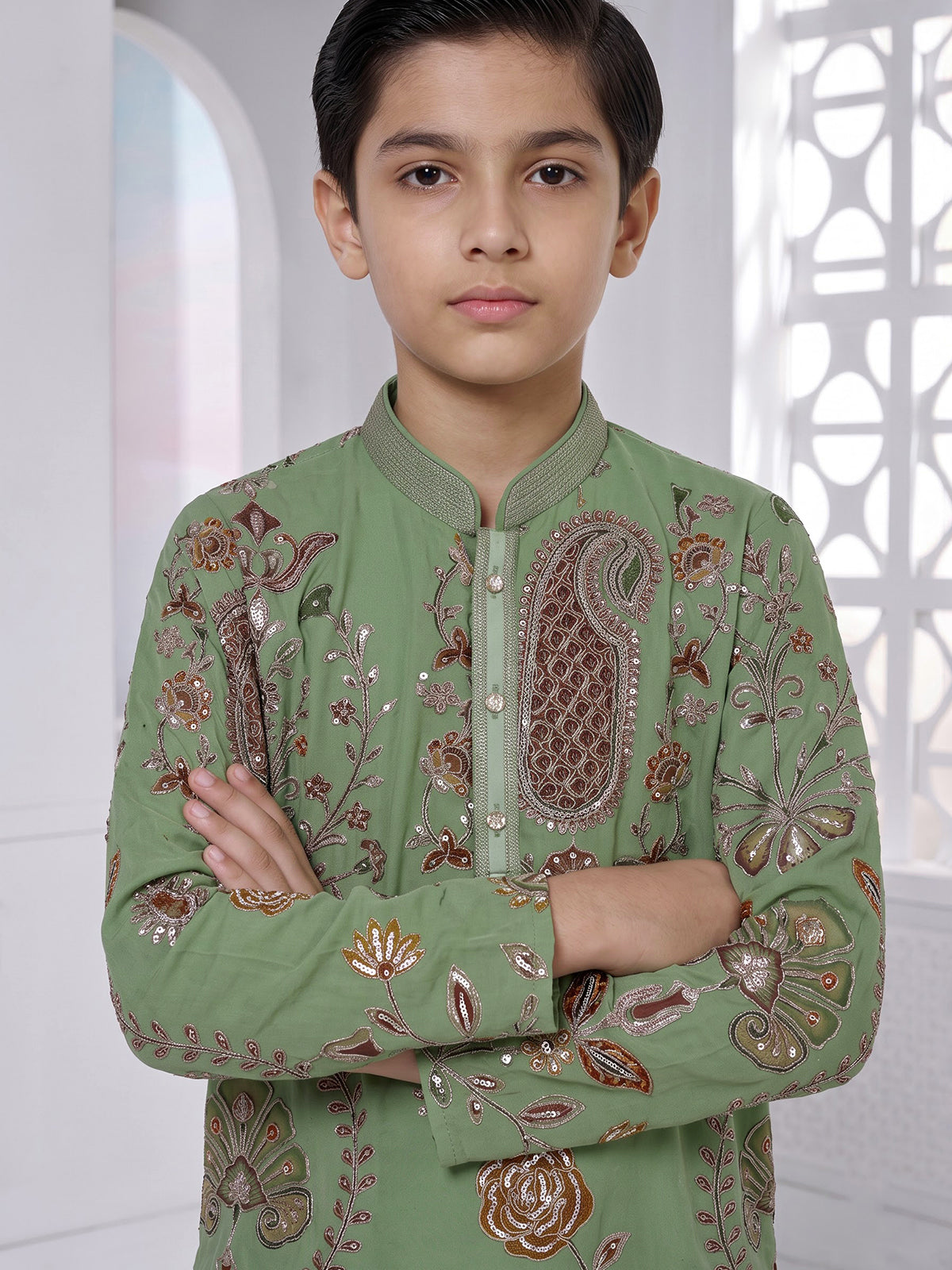 Pista green georgette printed kurta suit with sequin work for boys