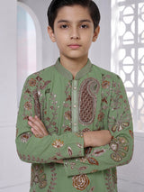 Pista green georgette printed kurta suit with sequin work for boys