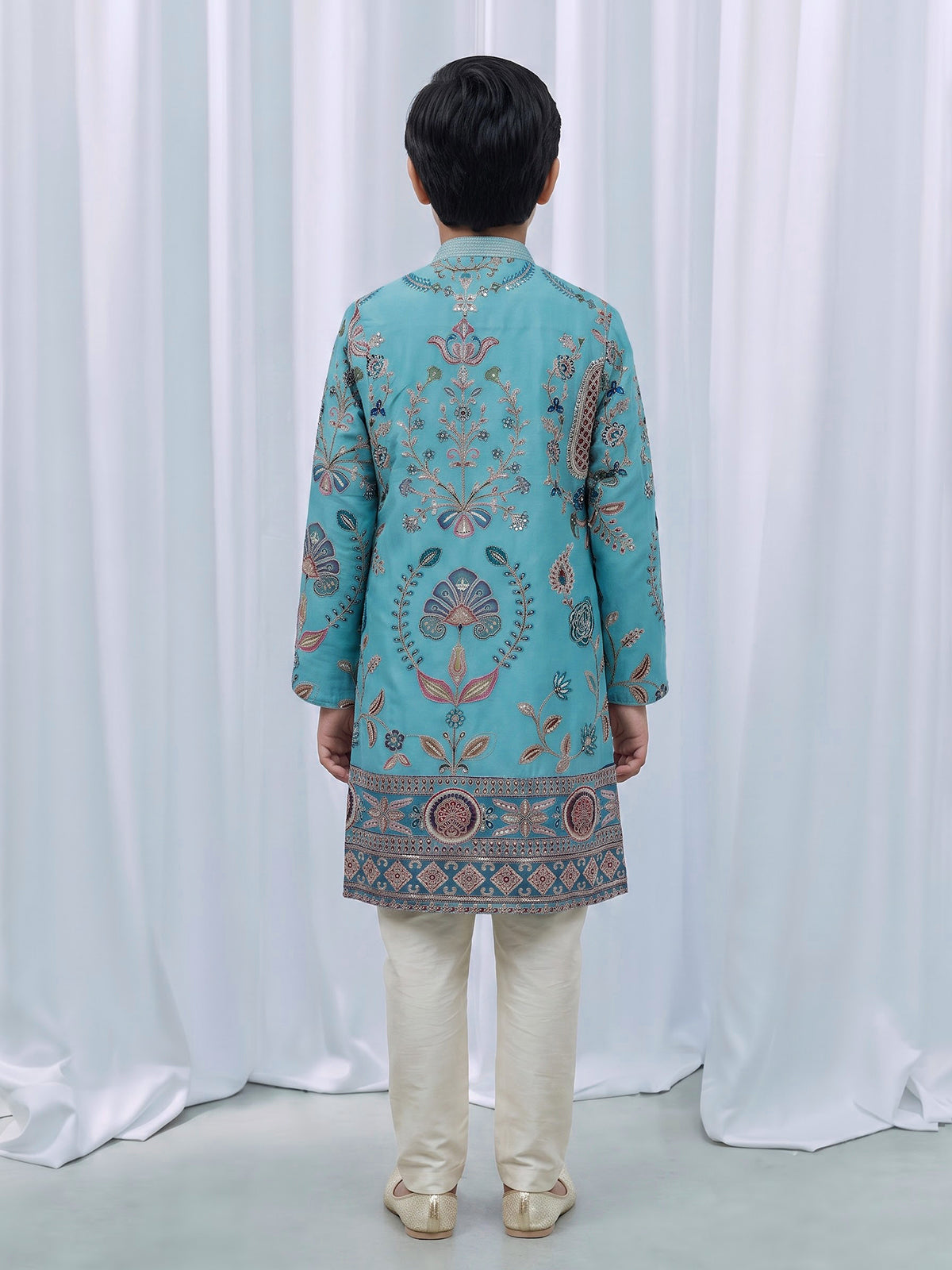 Aqua blue georgette printed kurta suit with embroidery for boys