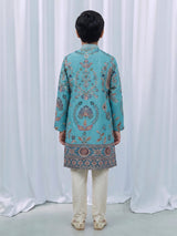 Aqua blue georgette printed kurta suit with embroidery for boys