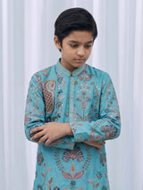 Aqua blue georgette printed kurta suit with embroidery for boys