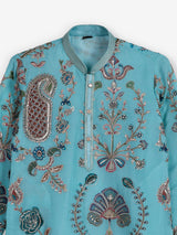 Aqua blue georgette printed kurta suit with embroidery for boys