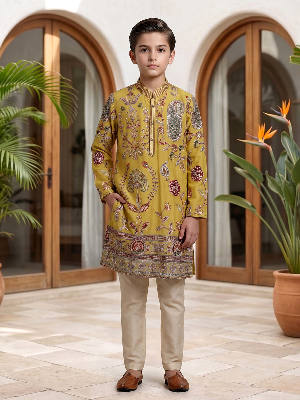 Yellow georgette printed kurta suit with embroidered detailing for boys