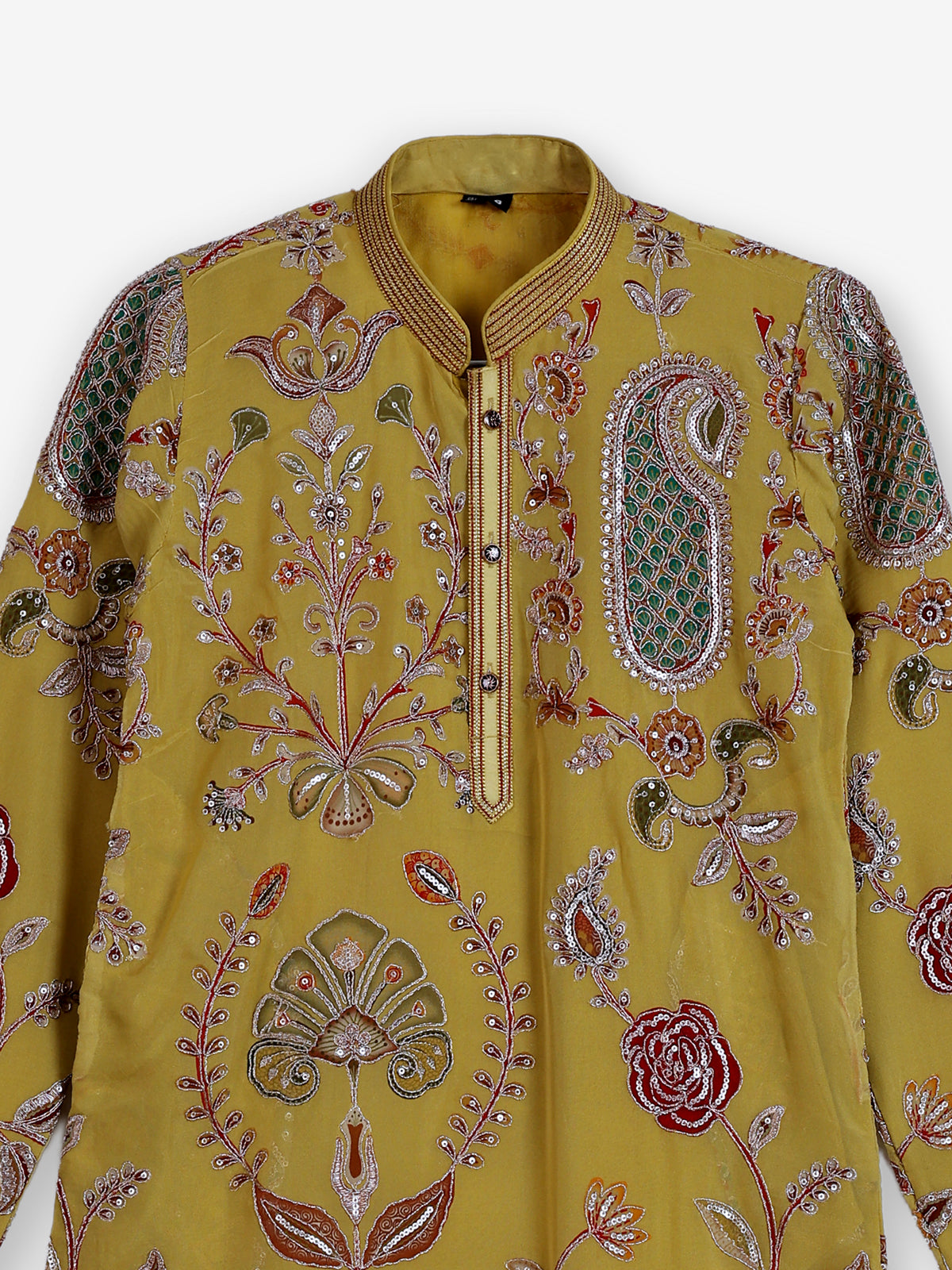 Yellow georgette printed kurta suit with embroidered detailing for boys