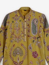 Yellow georgette printed kurta suit with embroidered detailing for boys